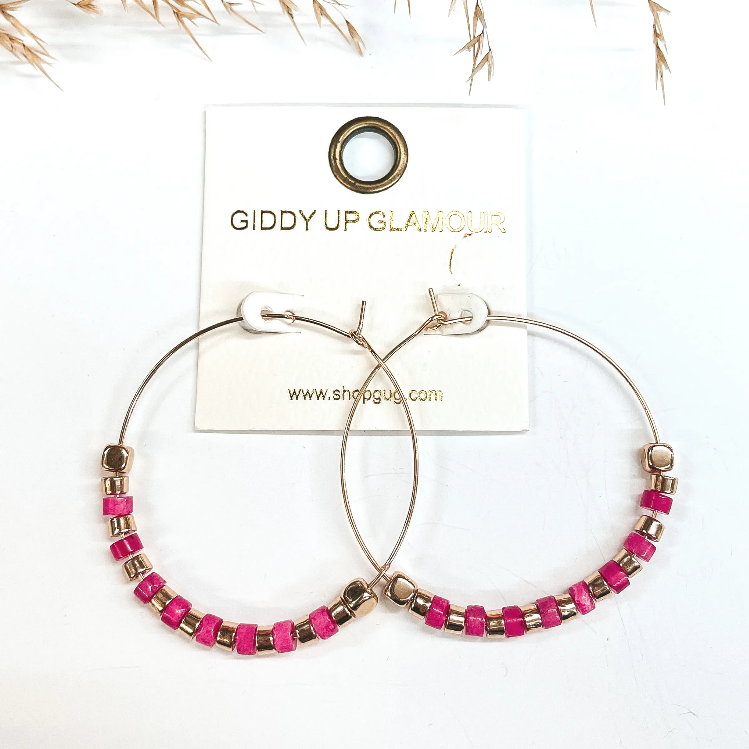 Summer Memories Beaded Gold Hoops in Fuchsia Pink