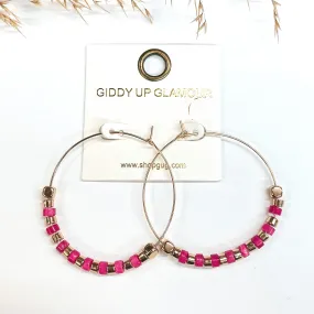 Summer Memories Beaded Gold Hoops in Fuchsia Pink