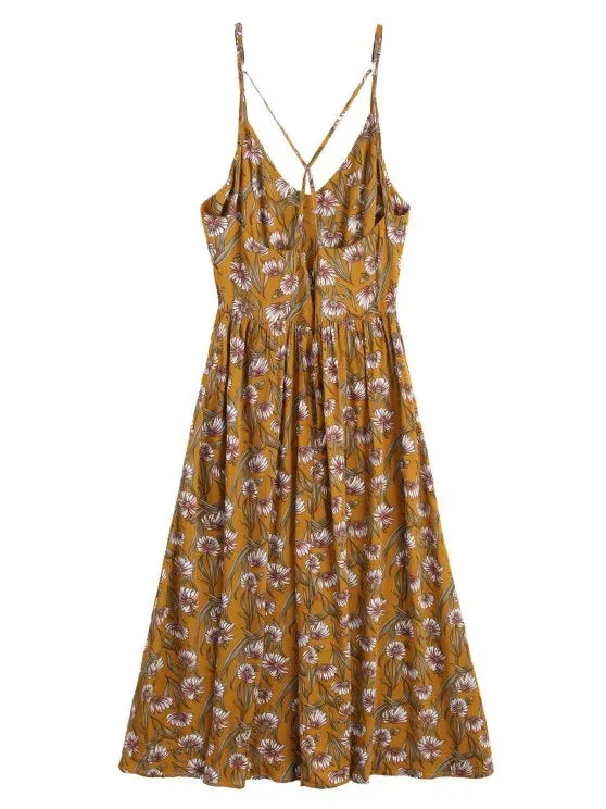 TastyHottie - Trendy Sunflower Criss Cross Midi Dress