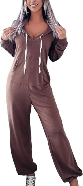 Terry Jumpsuit, Women's Casual Long Sleeve Hooded Jumpsuits, with Pockets   B200492