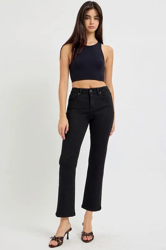 TUMMY CONTROL HIGH RISE CROP STRAIGHT JEANS BLACK RISEN JEANS