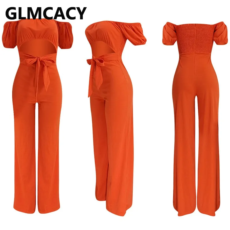 Women Off Shoulder Cut Out Jumpsuit Wide Leg Long Overalls Chic Summer Boho Beach Jumpsuits