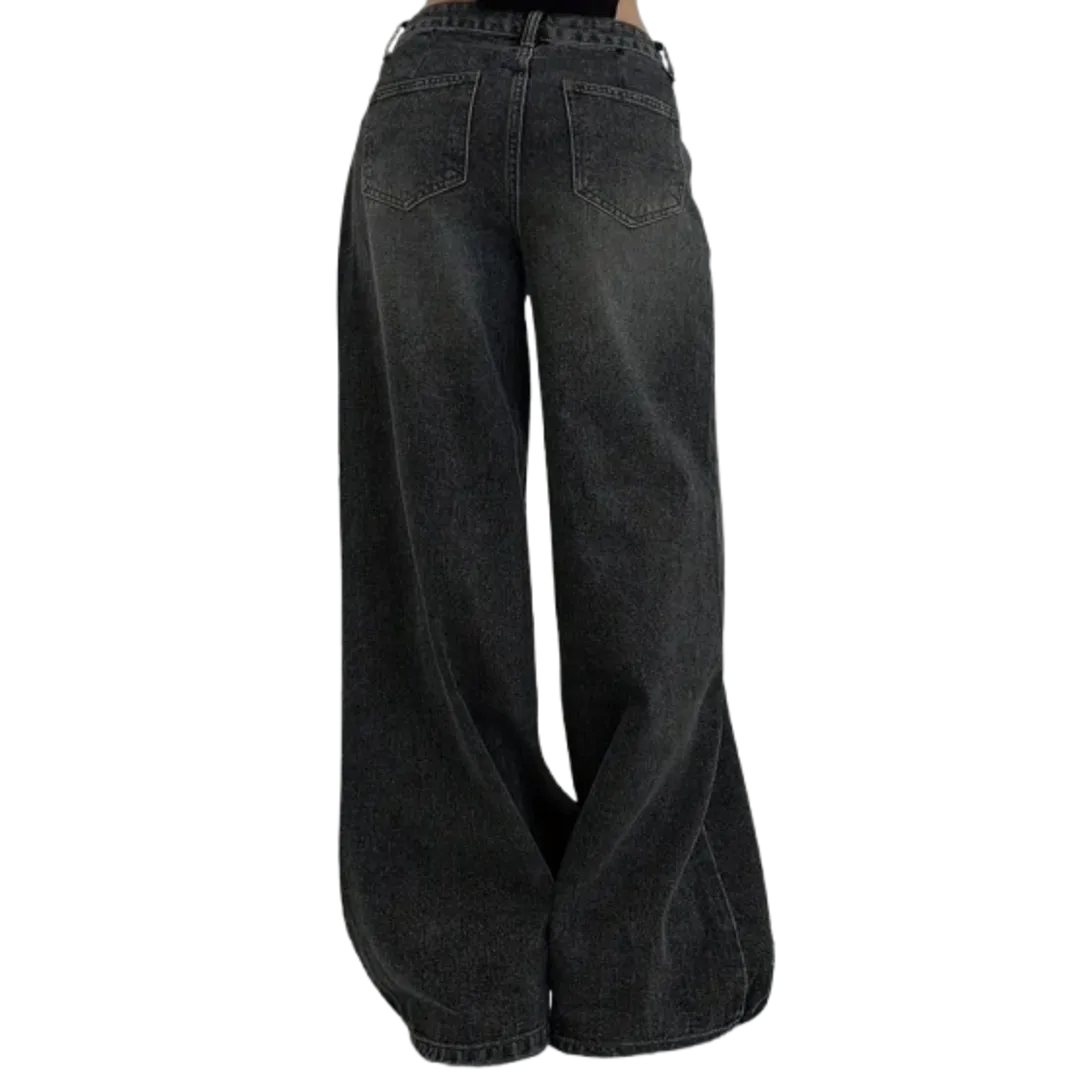 Women’s High-Waisted Wide-Leg Denim Jeans - Ultra-Long, Vintage Wash, Casual Straight Fit