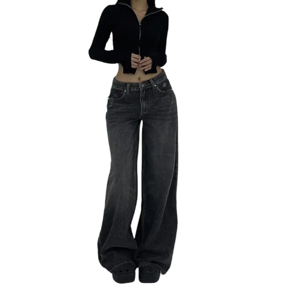 Women’s High-Waisted Wide-Leg Denim Jeans - Ultra-Long, Vintage Wash, Casual Straight Fit