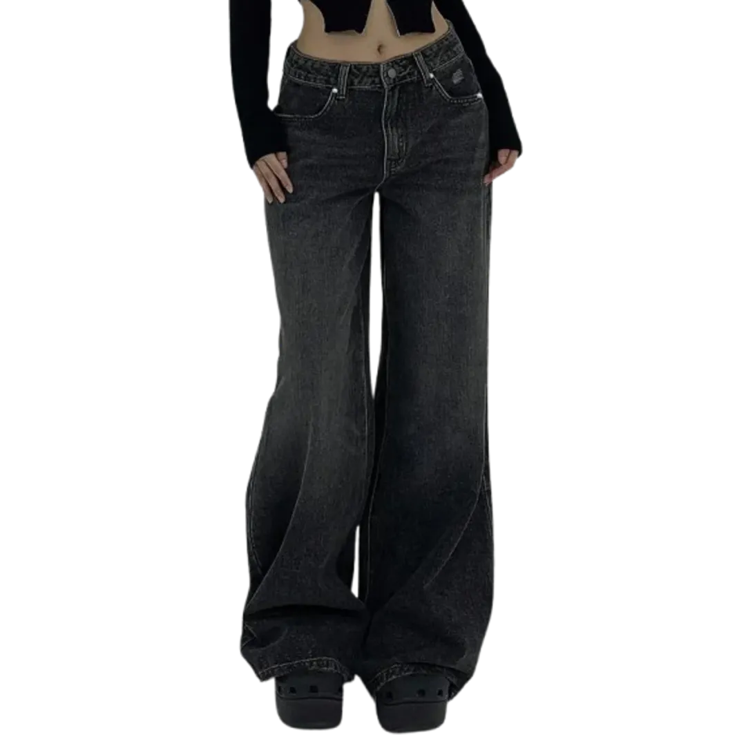 Women’s High-Waisted Wide-Leg Denim Jeans - Ultra-Long, Vintage Wash, Casual Straight Fit