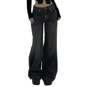 Women’s High-Waisted Wide-Leg Denim Jeans - Ultra-Long, Vintage Wash, Casual Straight Fit