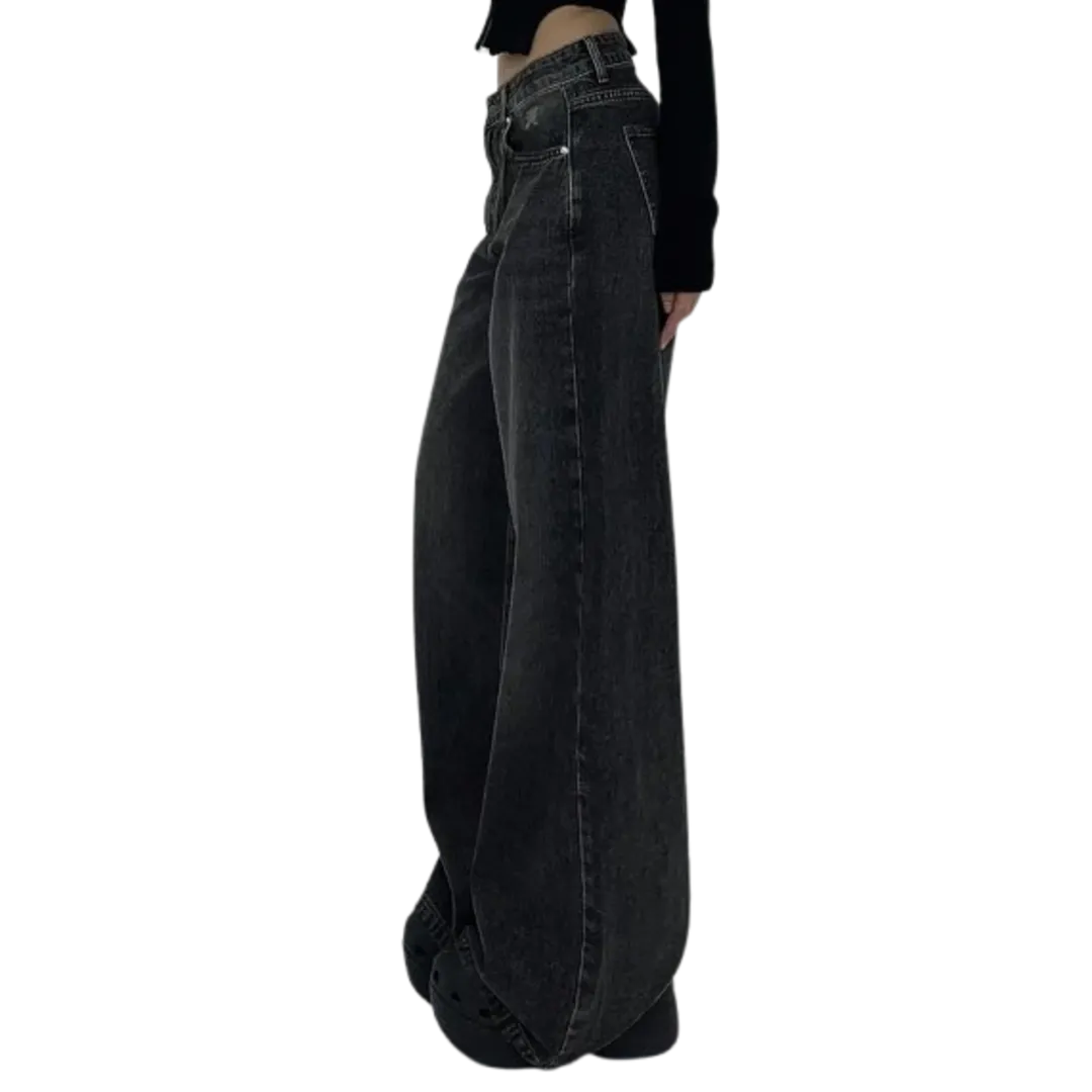 Women’s High-Waisted Wide-Leg Denim Jeans - Ultra-Long, Vintage Wash, Casual Straight Fit